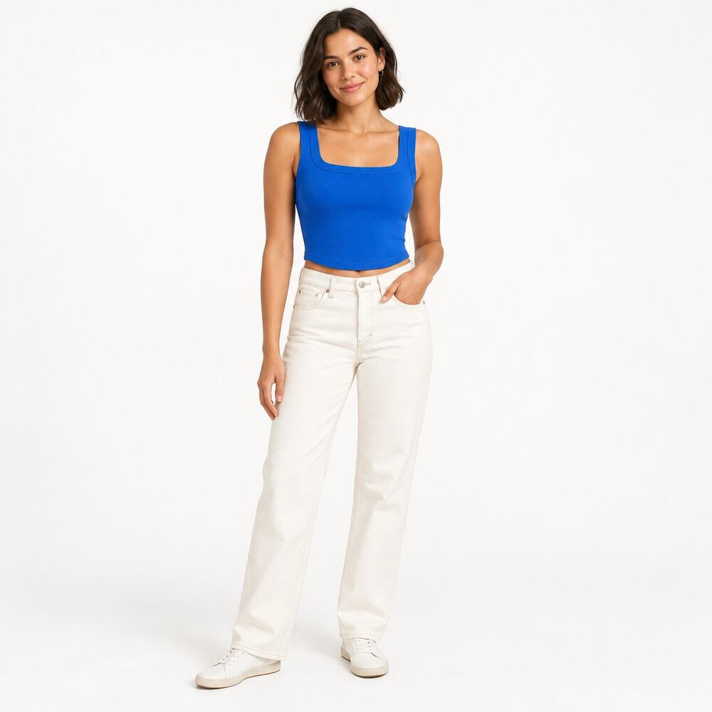 Madewell Tank Top WMNS XXS Blue Square Neck Cropped Ribbed Sculpt Y2K Minimalist